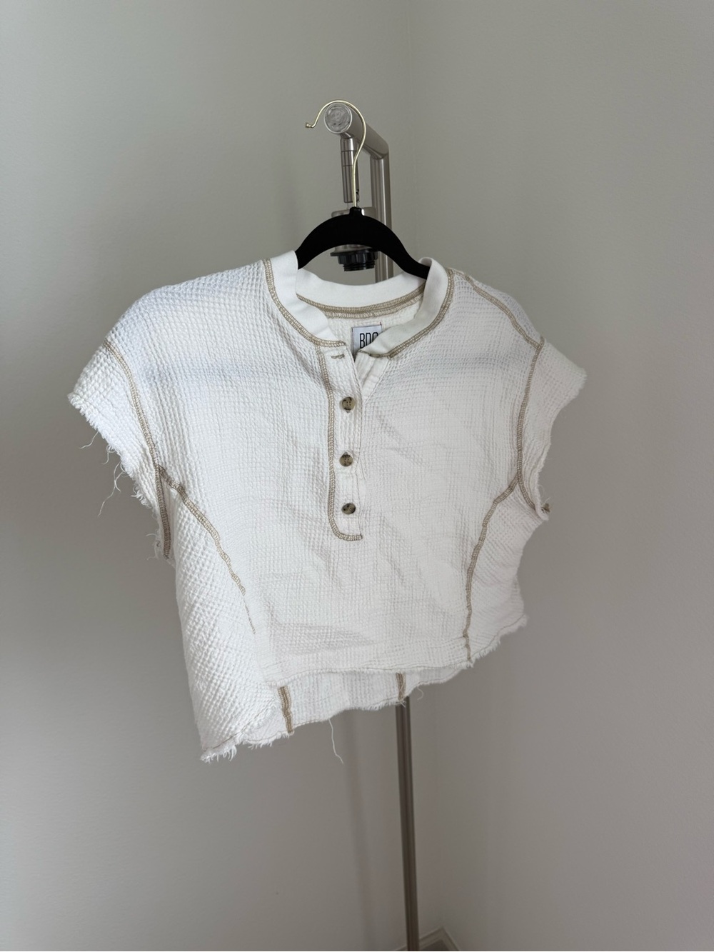 BDG White Cropped Henley with Contrast Stitching